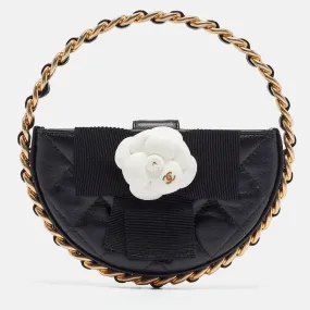 CHANEL Black Quilted Leather Mini Round Camellia Clutch