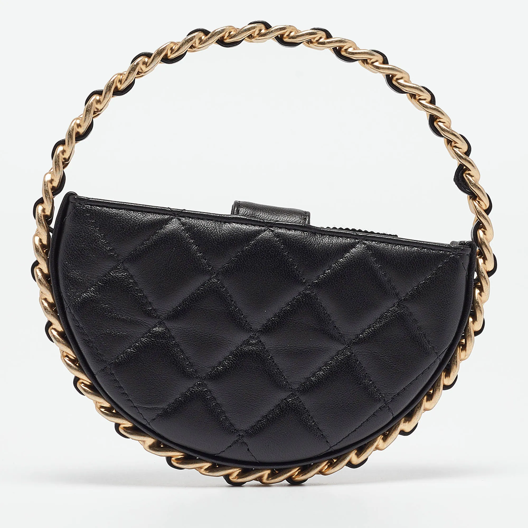 CHANEL Black Quilted Leather Mini Round Camellia Clutch