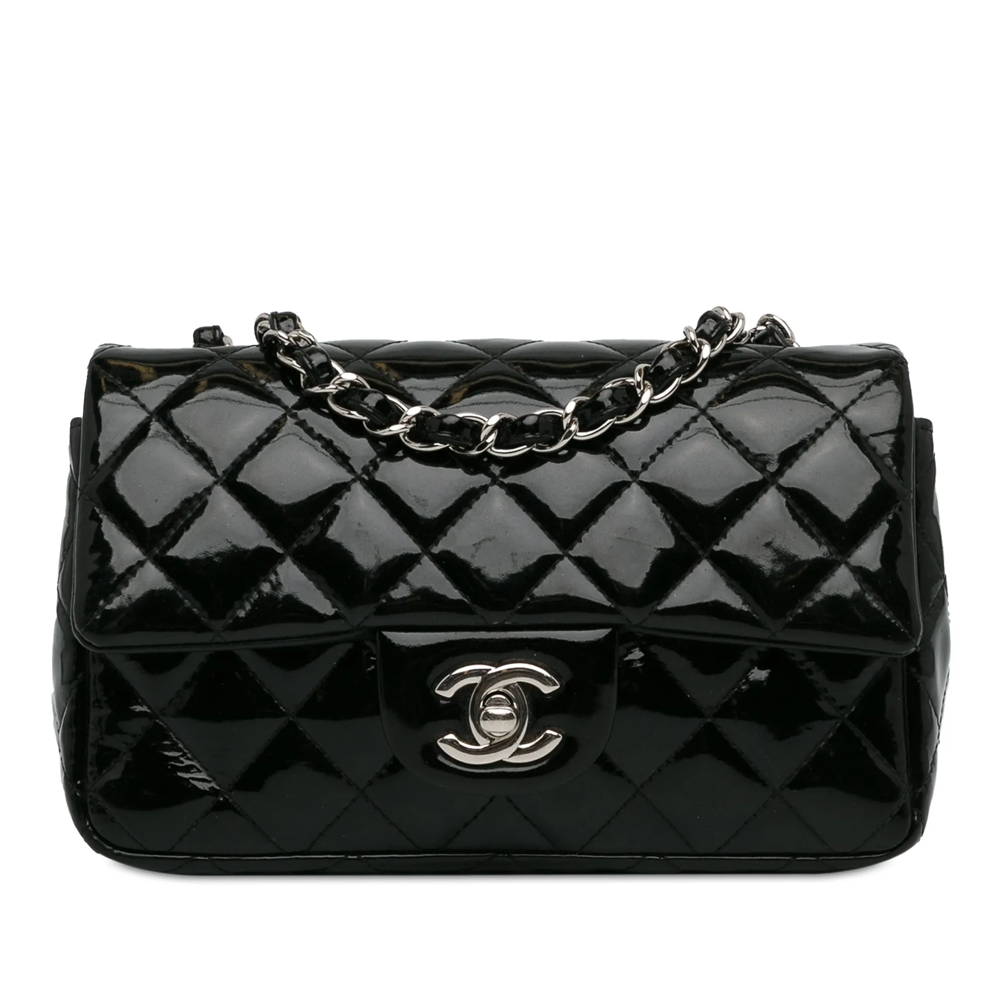 CHANEL Mini Rectangular Classic Patent Single Flap Black