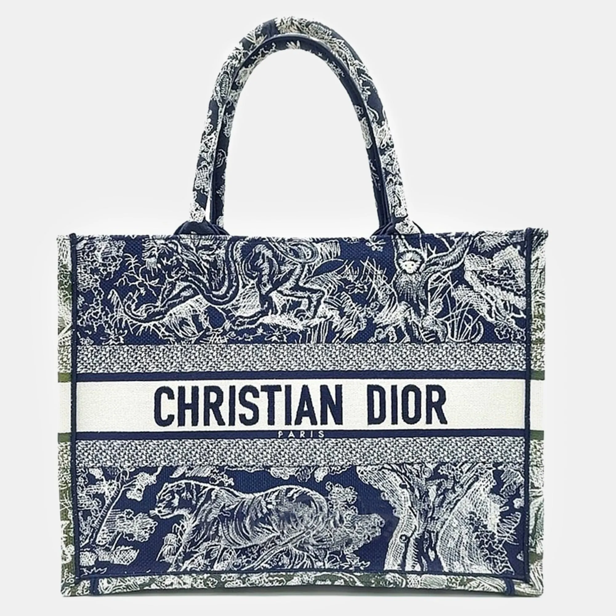 Christian Ecru/Navy Embroidered Canvas Medium Book Tote Bag