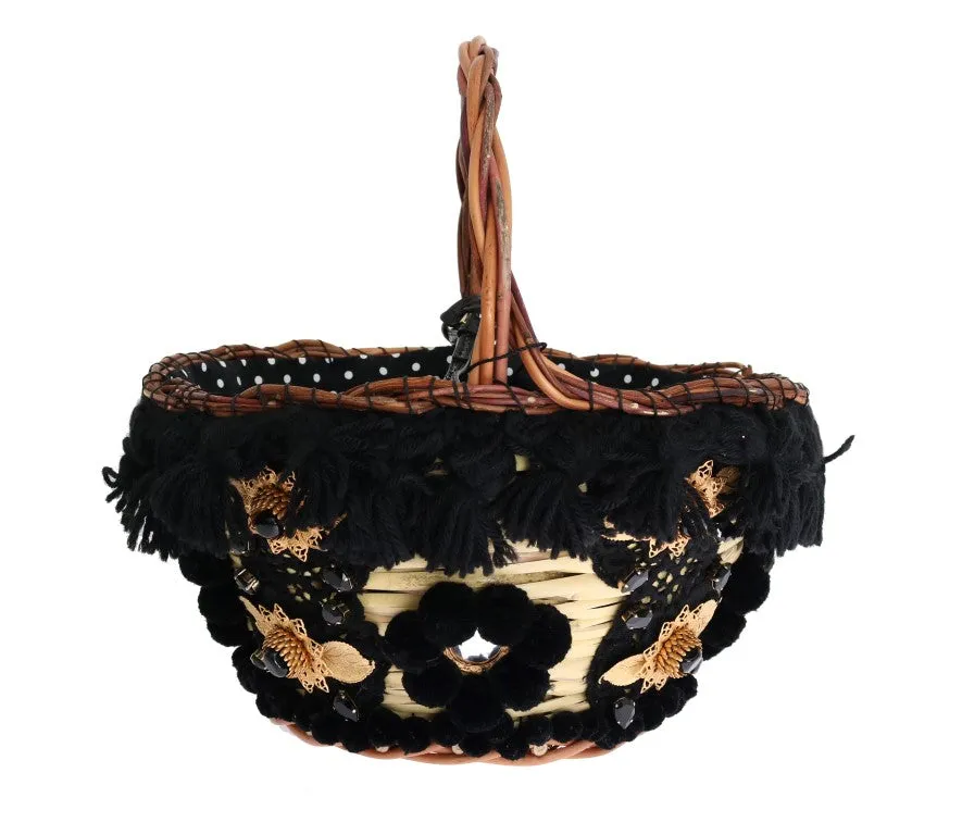 Dolce & Gabbana Chic Beige & Black Straw Snakeskin Bucket Bag