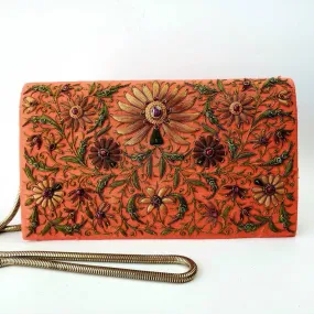 Embroidered Orange and Brown Silk Crossbody Handbag with Star Ruby