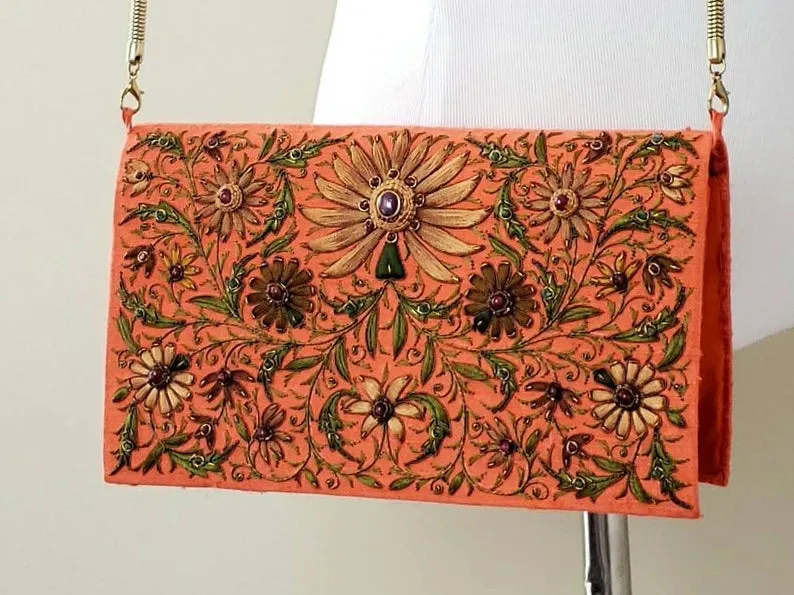 Embroidered Orange and Brown Silk Crossbody Handbag with Star Ruby