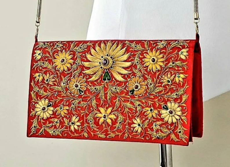 Embroidered Red Silk Crossbody Handbag with Star Ruby