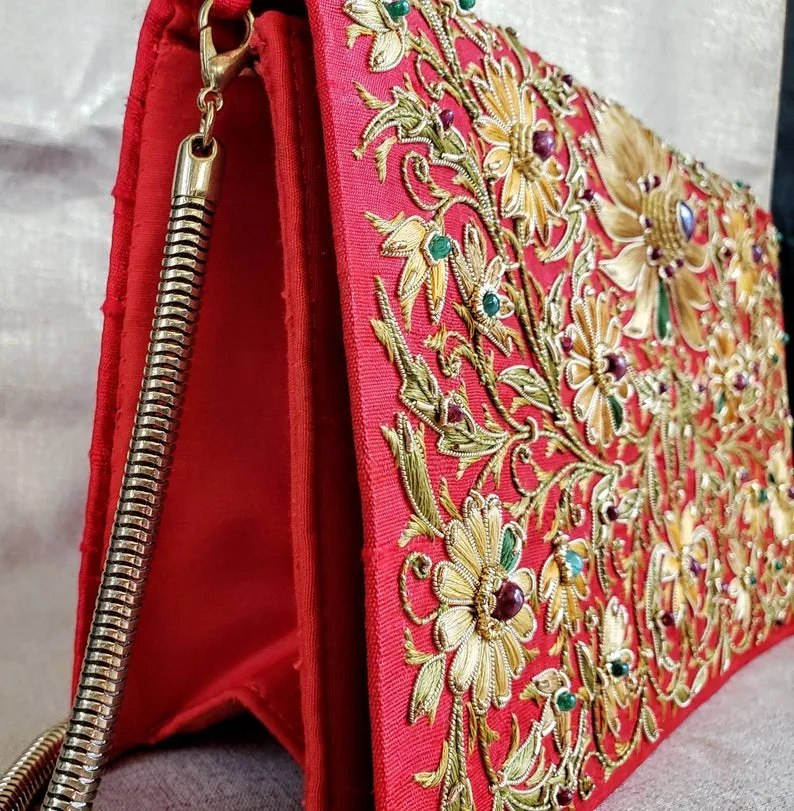 Embroidered Red Silk Crossbody Handbag with Star Ruby