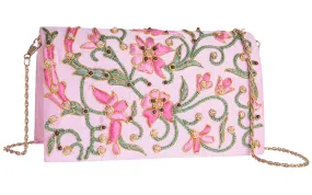 PINK SILK EMBROIDERED FLORAL CLUTCH PURSE