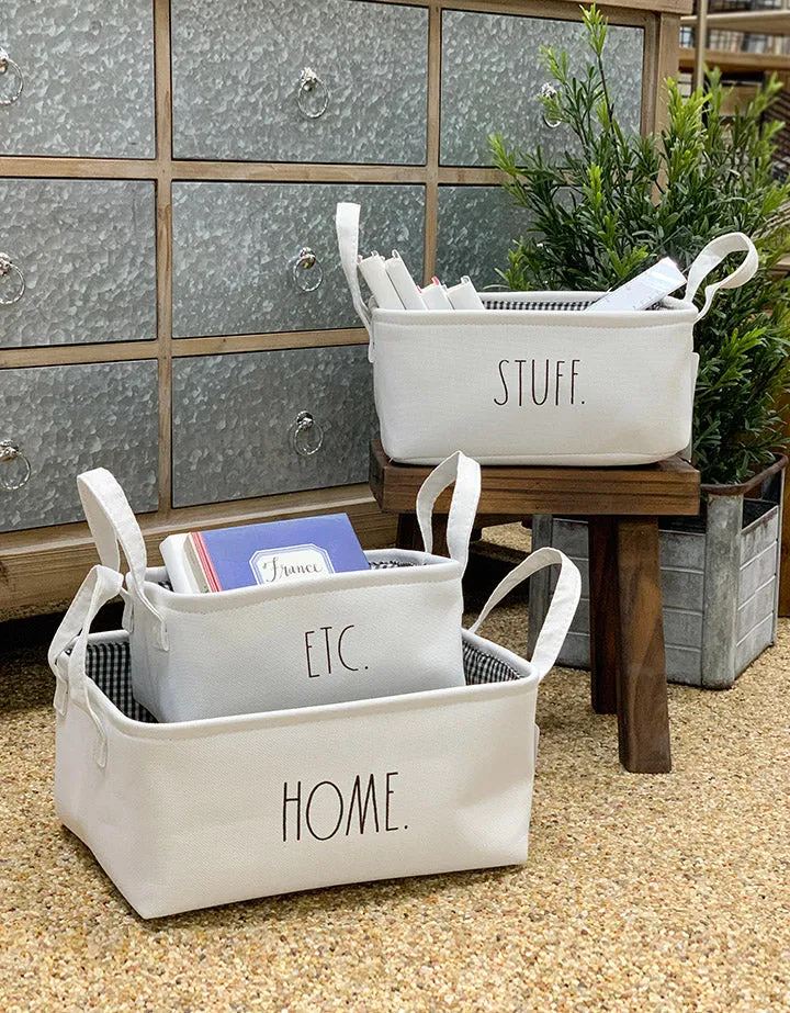 Rae Dunn "Home, Stuff, Etc." Set of 3 White Fabric Cube Bin